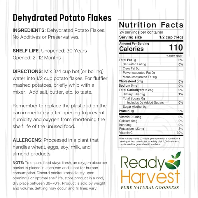 Ready Harvest Dehydrated Food - Potato Flakes | Emergency Food | Instant Mashed Potatoes | #10 Can