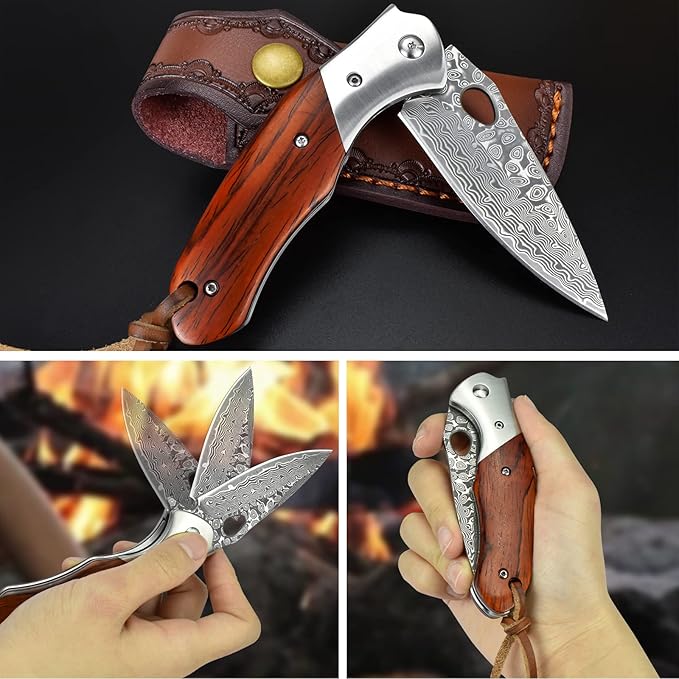 KOMWERO Damascus Pocket Knife for Men, VG10 Core Damascus Steel Folding Knife with Wood Handle