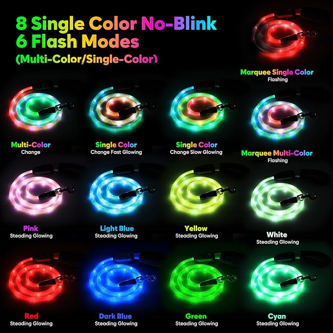 YFbrite Waterproof Light up Dog Leash with 15 Flashing Modes - Super Bright LED Dog Leash for Small