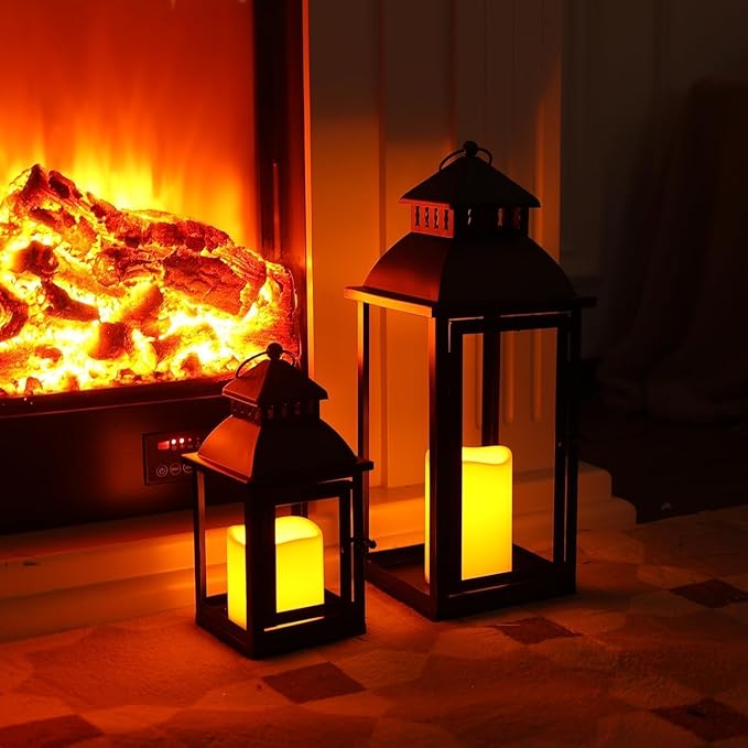 DECORKEY LED Lanterns Decorative Outdoor&Indoor, Set of 2 (17’’&11’’) Large Black Metal Lantern