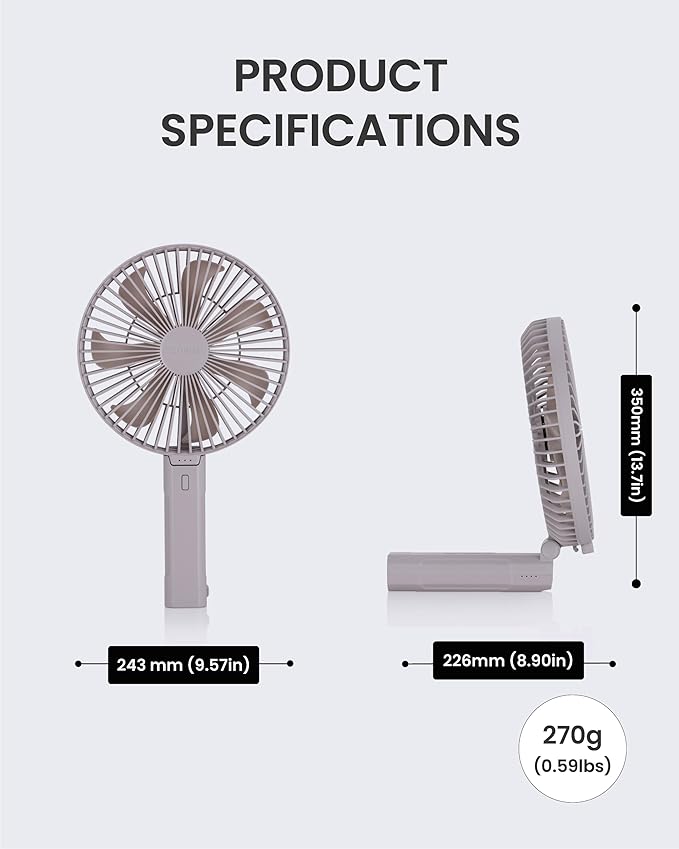 Claymore Handy A (Gray) Portable Handheld Fan – BLDC Motor Foldable, 4,900mAh Rechargeable, USB-C