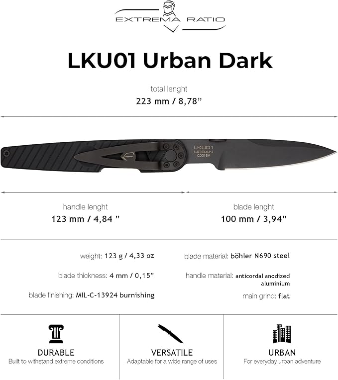 Extrema Ratio - LKU01 (Urban Dark), Böhler N690 Steel Blade 58 HRC, Black Burnished Finish, Smooth