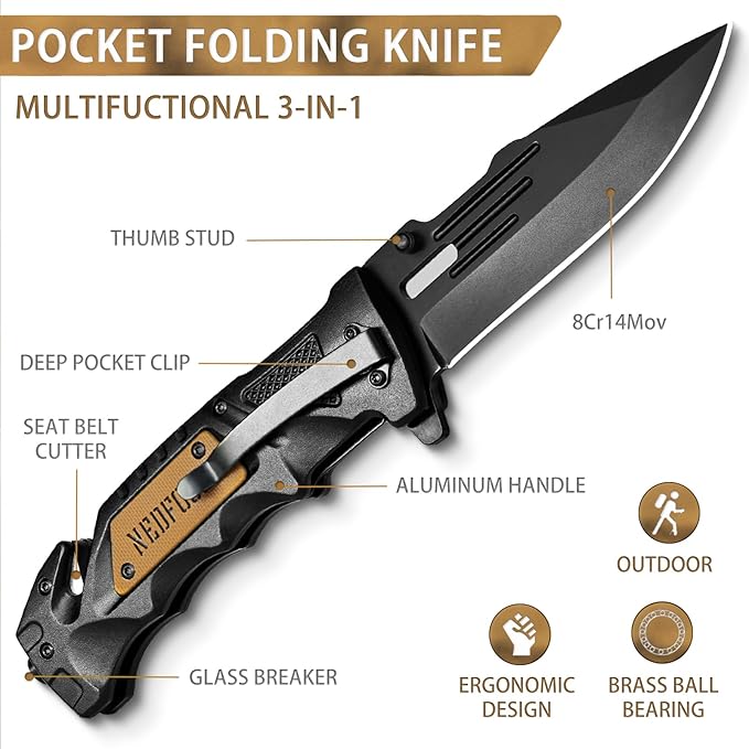 NedFoss Pocket Folding Knife DA75 Mini, 3 in 1 Pocket Knife for Men, 2.95 Inch Survival Knife with