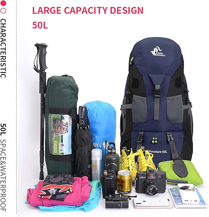 Bseash 50L Hiking Backpack, Water Resistant Lightweight Outdoor Sport Daypack Travel Bag for
