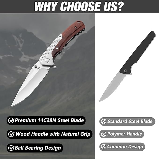 FLISSA Pocket Knife with 3.35" 14C28N Steel Blade, Liner Lock Folding Knife with Wood Handle for