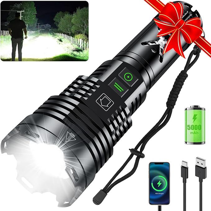 LED Rechargeable Flashlights High Lumens,6000.000 Lumens Super Bright Flashlight with Type-C