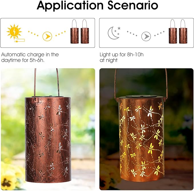 2 Pack Solar Lanterns Outdoor Hanging Lantern Lights, Dragonfly Hollowed-Out Metal Decor Lantern