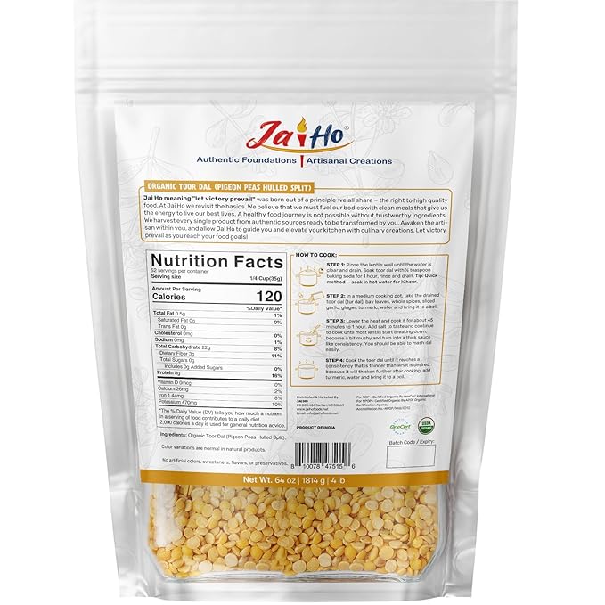Jai Ho Certified Organic Toor Dal 4 lb | Pigeon Peas Hulled Split | Indian Toor Dal | USDA Organic