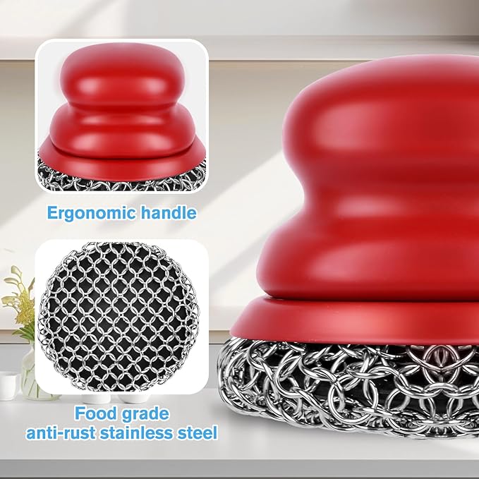 Onewly Cast Iron Scrubber and Scraper, Chain Mail Scrubber Cast Iron for Cleaning Dishes, Stock