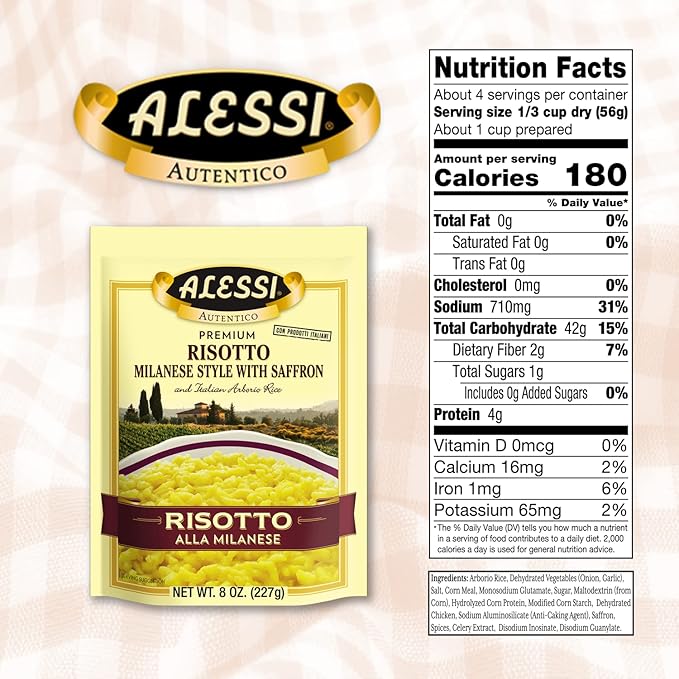 Alessi Autentico, Premium Seasoned Risotto, Italian Arborio Rice, Easy to Prepare, 8oz (Milanese