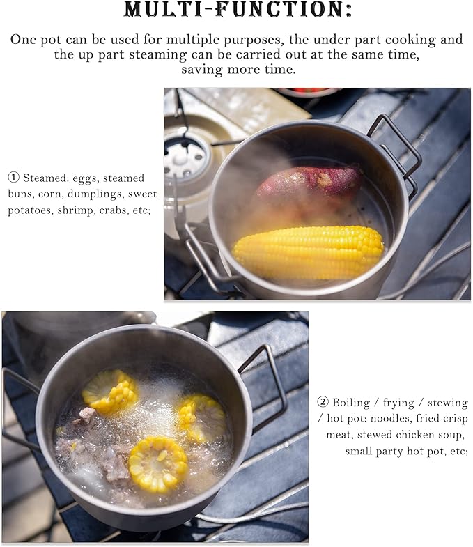 iBasnigo 2.2L Titanium Pot with Steamer Lightweight Portable Cookware Set for Camping Hiking