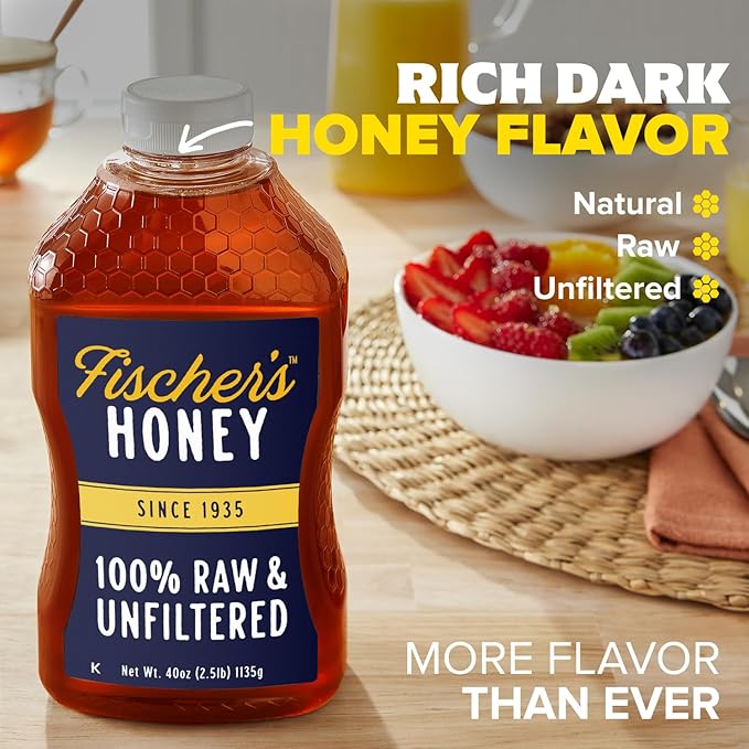 Fischer's 100% Pure, Raw & Unfiltered Honey, 40 oz – USA Made Honey – All-Natural Sweetener – Rich