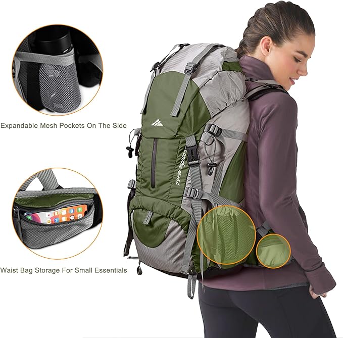 Loowoko 50L Hiking Backpack, Waterproof Camping Essentials Bag with Rain Cover, 45+5 Liter