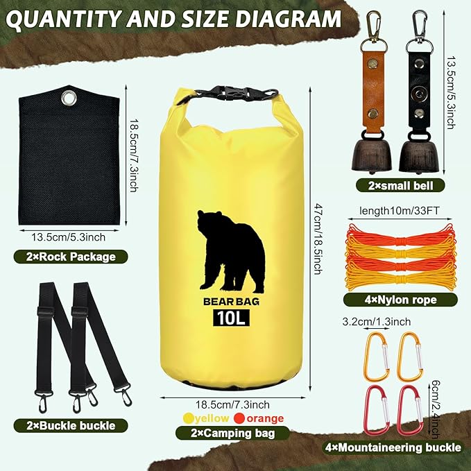 2 Pcs 10L Waterproof Bear Bags with 4 Nylon Ropes, 4 Clips & 2 Rock Pockets & 2 Small Warning Bells