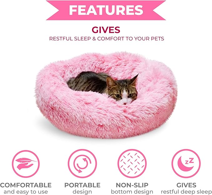 Whiskers & Friends Cat Beds for Indoor Cats Washable, Orthopedic Soft Fluffy Round Calming Pet Bed