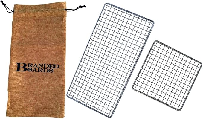 Portable Bushcraft Stainless BBQ Cooking Grill Grate, Bamboo Cutting Board, Burlap Bag, Mini Knife