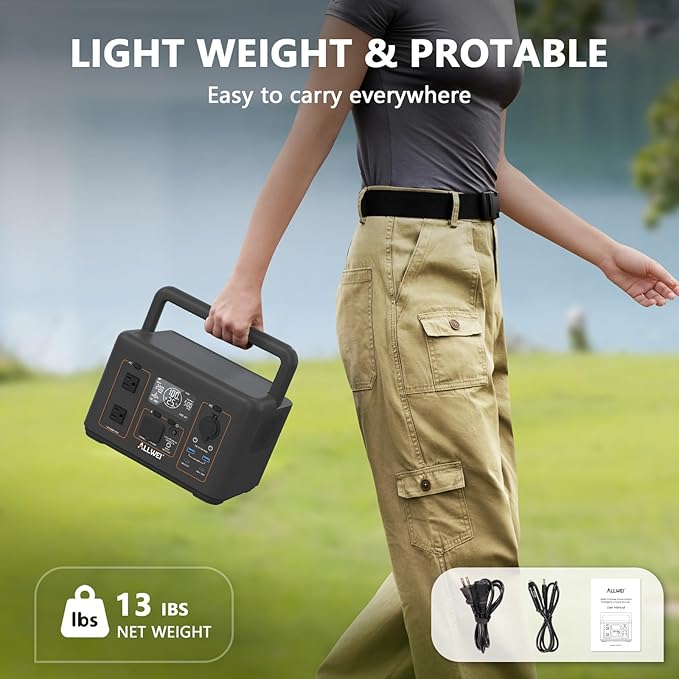ALLWEI Portable Power Station 500W, 512Wh LiFePO4 Battery, UPS Function, 2.5Hrs Fast Charge, 2 AC