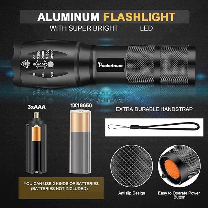 Pocketman LED Flashlight Handheld Torch with 5 Modes (3 Pack)