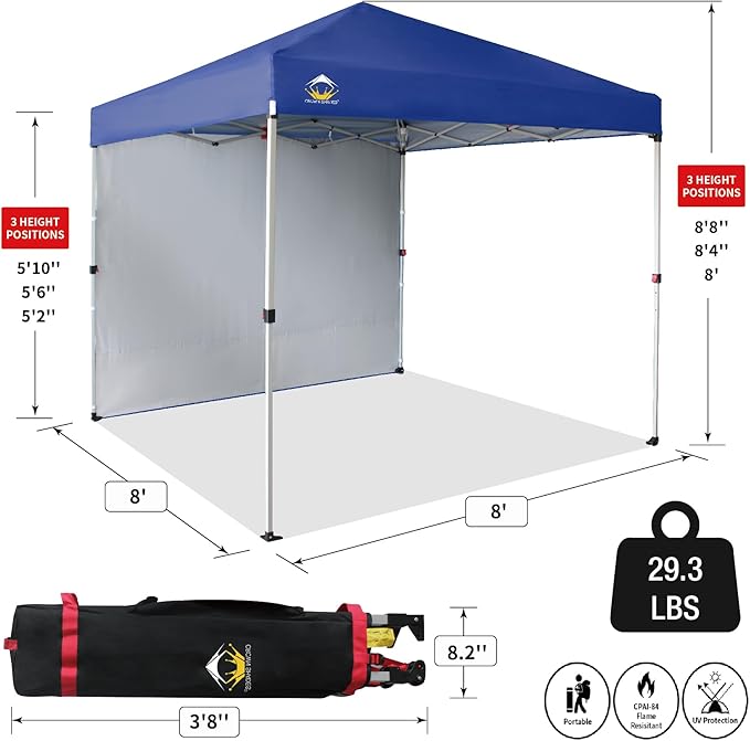 CROWN SHADES 8x8 Pop Up Canopy with 1 Side Wall - Beach Tent with One Push Setup - Outdoor Sun