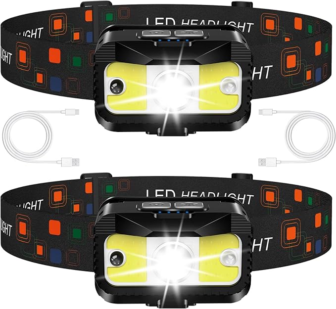 Headlamp Rechargeable, Ultra Bright LED Head Lamp Flashlight with White Red Light, 2 Pack Motion