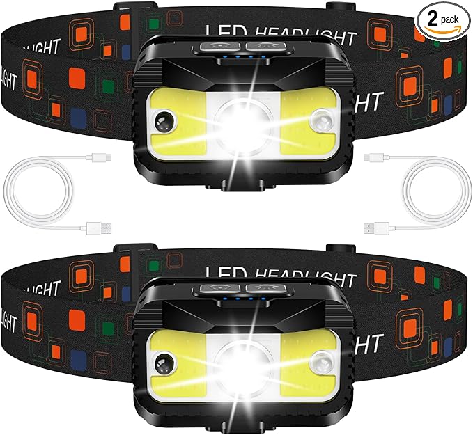 Headlamp Rechargeable, Ultra Bright LED Head Lamp Flashlight with White Red Light, 2 Pack Motion