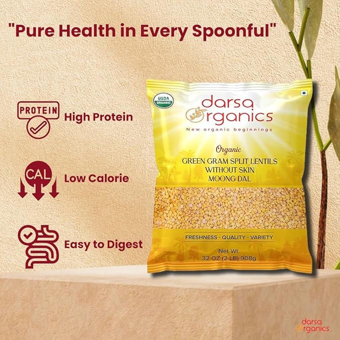 Darsa Organics Yellow Moong Dal (Split Yellow Mung Beans) 2 lb - USDA Organic, Non-GMO