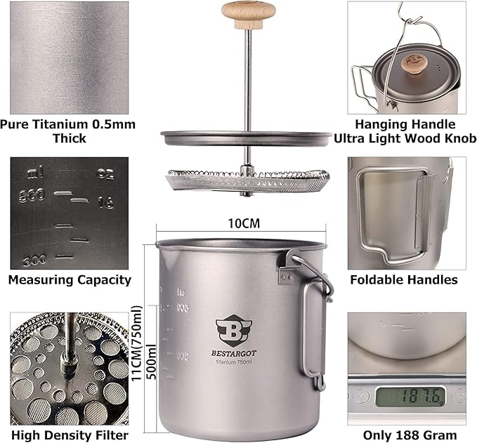 Bestargot Titanium Pot 750ml, Portable French Press | Ultralight Camping Pot for Coffee, Cooking &