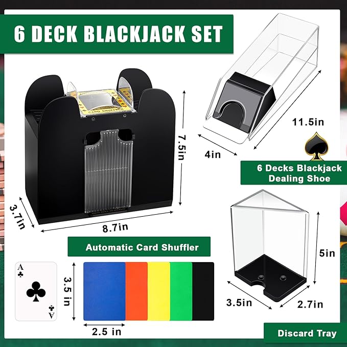 Aoriher Blackjack Casino Game Set, Include 300 Poker Chips, Casino Felt 1 Automatic Card Shuffler 6