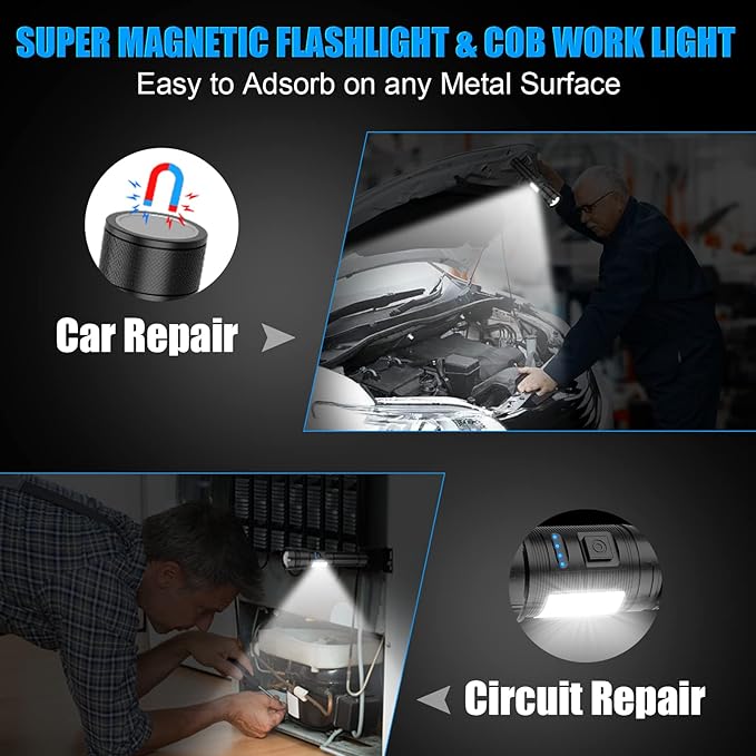 LED Magnetic Flashlight High Lumens Rechargeable, Super Bright Small Tactical Flashlights with COB