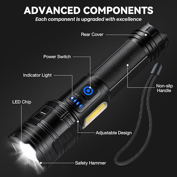 Flashlight Rechargeable 99,000 High Lumen - 2 Pack LED Flash Light with COB, 7 Modes Powerful