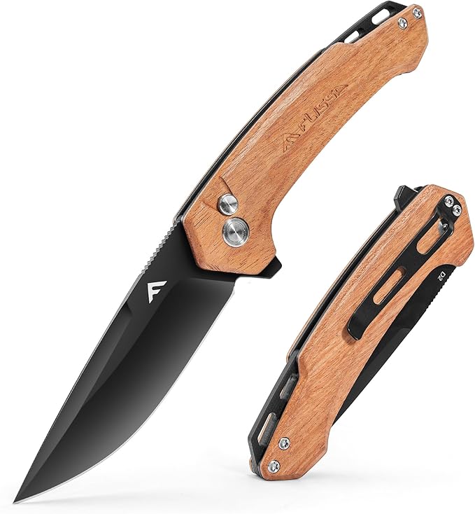 FLISSA Pocket Folding Knife, 3.2??D2 Blade Wood Handle EDC Knife with Button Lock and Pocket Clip