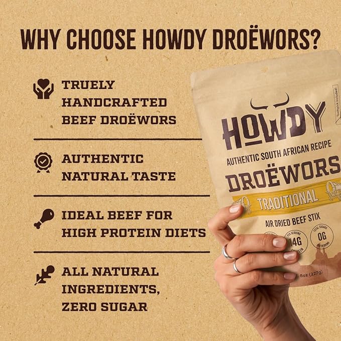 Howdysnax Handcraft Authentic Small Batch Droëwors Beef Sticks Sugar Free, Soy Free, Paleo & Keto