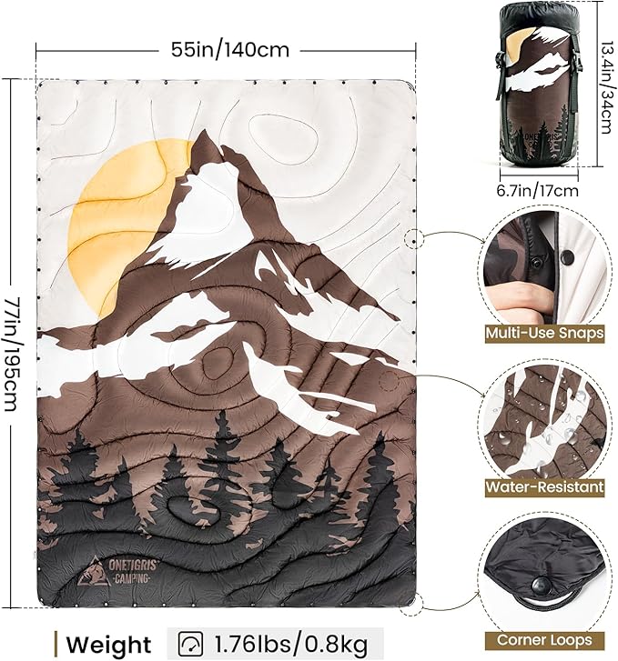 ONETIGRIS Camping Blanket,Wearable Outdoor Quilt with Recycled Thermal Insulation, Convertible to