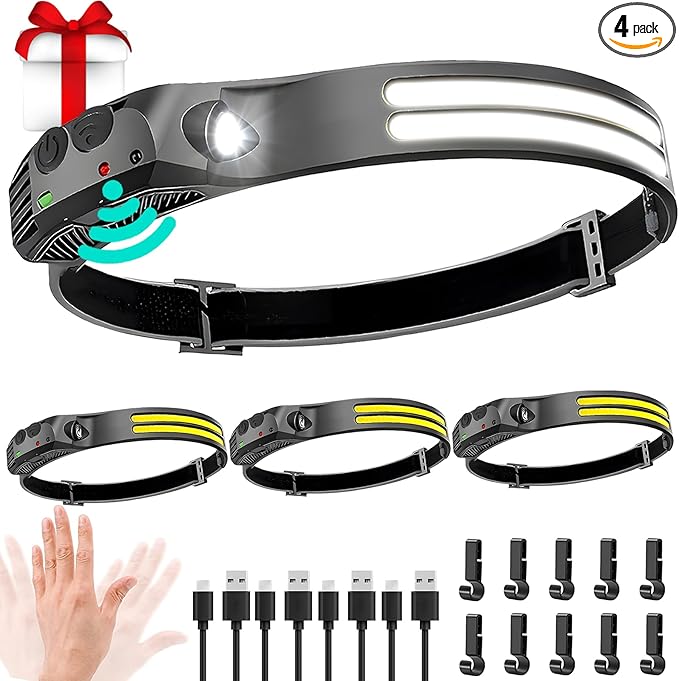 LED Headlamp Rechargeable 4PCS - 230° COB Super Bright Head Lights for Forehead, Hard hat Light for