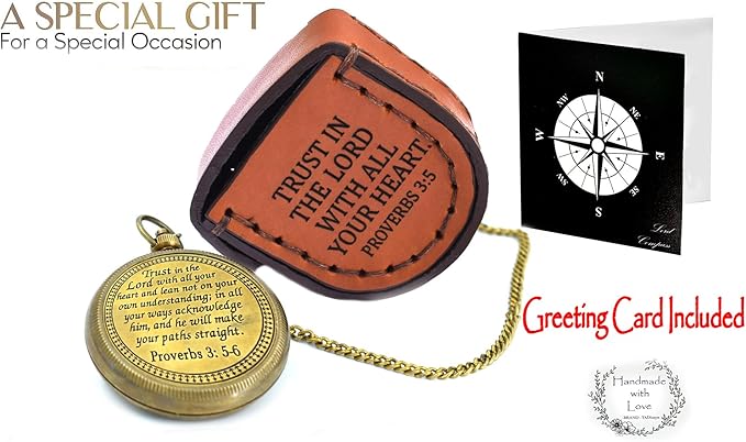 Trust in The Lord With All Your Heart - Proverbs 3:5-6 Quote Engraved Compass With Wooden Box