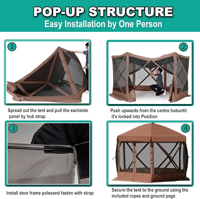 10 x 10 FT Pop Up Screen Tent, Portable Outdoor Camping Gazebo with Ground Stakes and Carry Bag