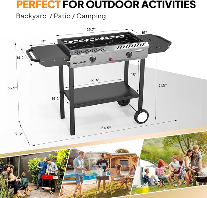 ROVSUN 2 Burner Outdoor Propane Gas Stove with Auto-ignition, Regulator & Shelf, 150,000 BTU