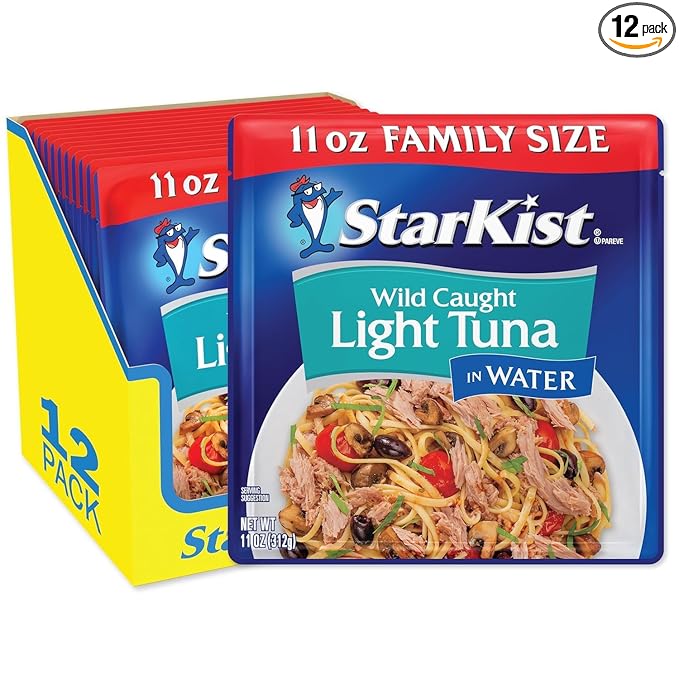 StarKist Chunk Light Tuna in Water, 11 oz Pouch (12 Pack) Ready to Eat Wild Caught Tuna, 19g