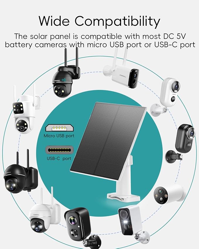 ZUMIMALL 5W Solar Panel for Security Cameras Wireless Outdoor, with Micro USB & Type-C Port