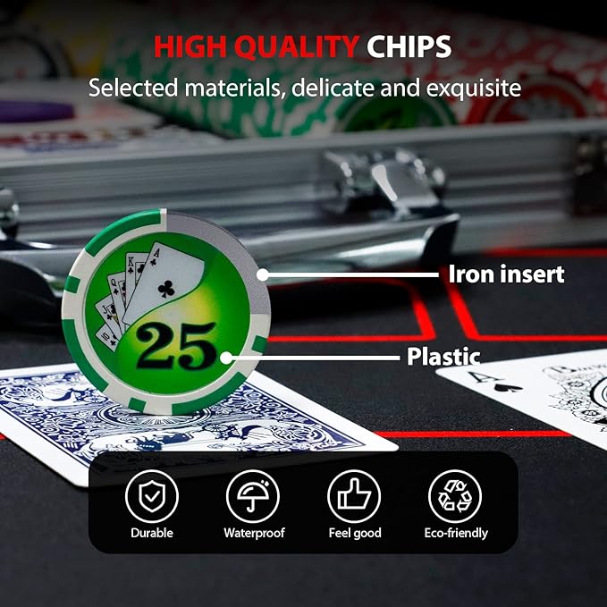 Boyzhood Poker Chips with Numbers,500PCS Poker Chip Set with Aluminum Travel Case,11.5 Gram Poker