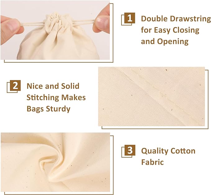 10PCS Cotton Storage Bags with Drawstrings, X-Large 14x17inch Multipurpose Canvas Fabric Bread