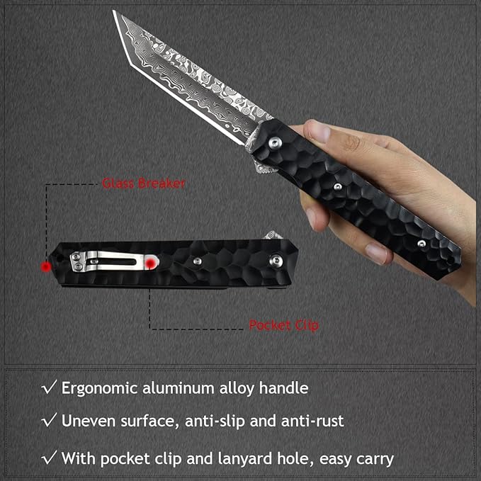 AUBEY Damascus Pocket Knife, Tanto VG10 Core Damascus Steel Folding Knives with Ball Bearing