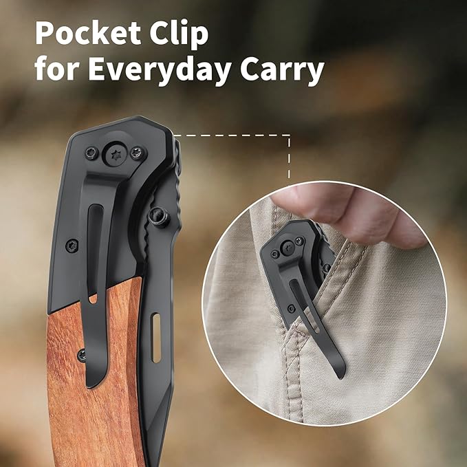 Vickay Pocket Knife, Folding Knife with Clip - 3.54??Black Serrated Steel Blade, Wood Handle EDC