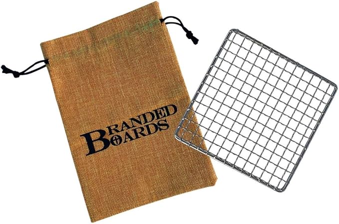 Portable Bushcraft Stainless BBQ Cooking Grill Grate, Bamboo Cutting Board, Burlap Bag, Mini Knife