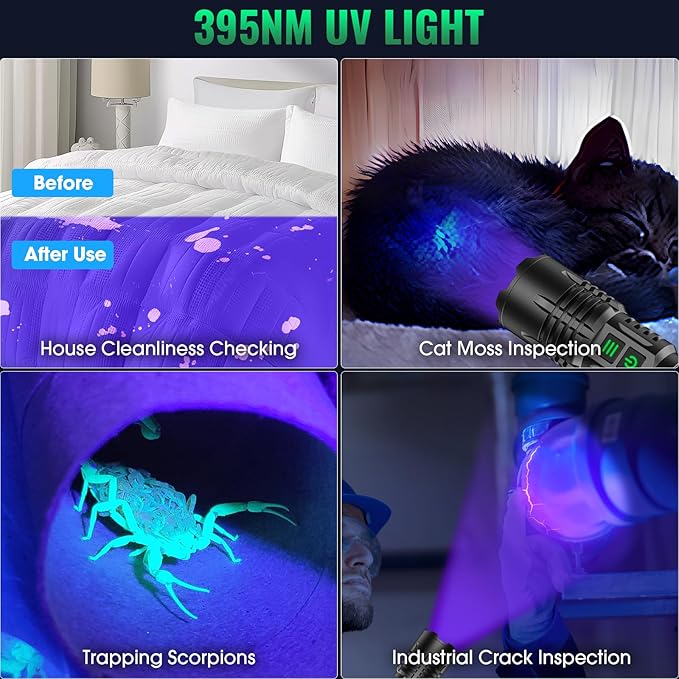 AdamStar UV&High Lumens Flashlight Rechargeable, 2-in-1 Powerful Blacklight LED Flashlight Tactical