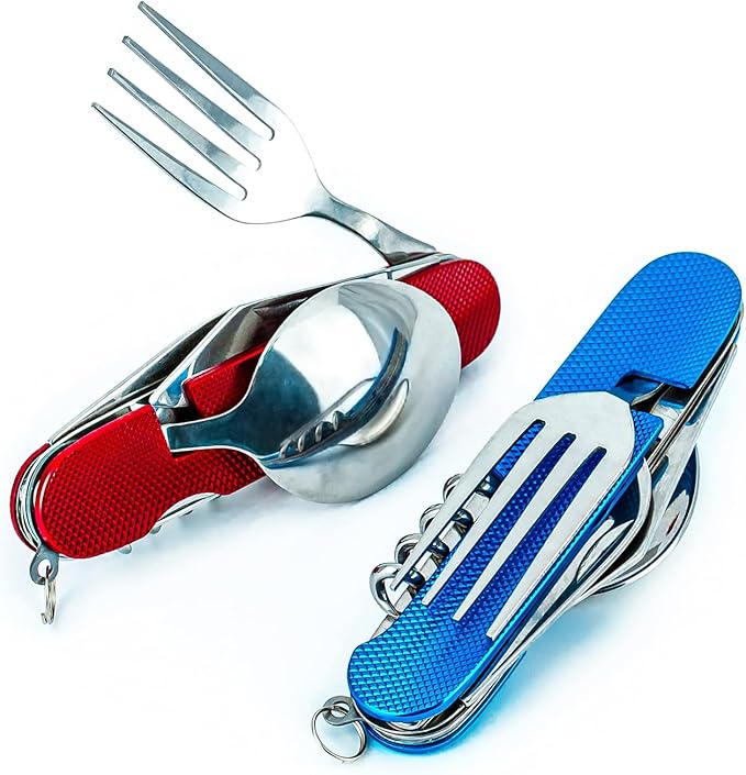 6-in-1 Multi-Function Camping Utensil Flatware Set Detachable Spoon Fork Knife Combo Mess Kit with