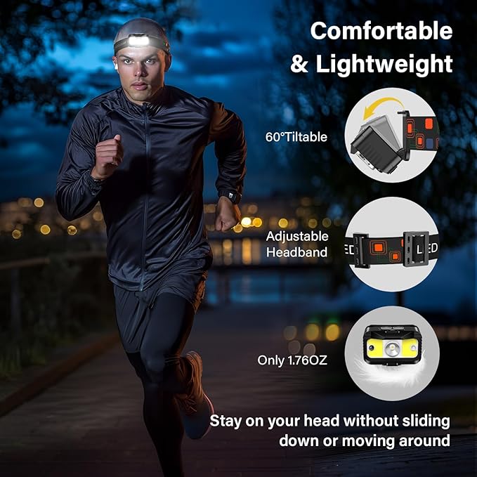 Headlamp Rechargeable, Ultra Bright LED Head Lamp Flashlight with White Red Light, 2 Pack Motion