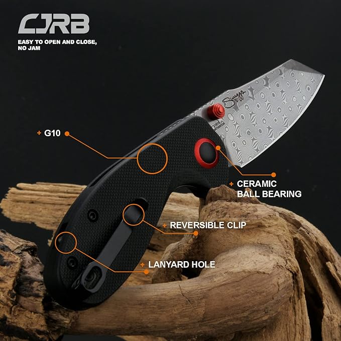 CJRB Maileah pocket knife, folding knife with 2.39'' Damascus Steel Blade, Black G10 Handle EDC