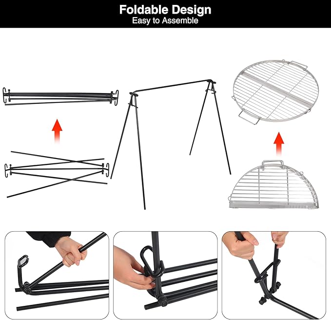 REDCAMP Swing Campfire Grill Stand - Collapsible Campfire Cooking Rack with 6 Hooks & Stainless