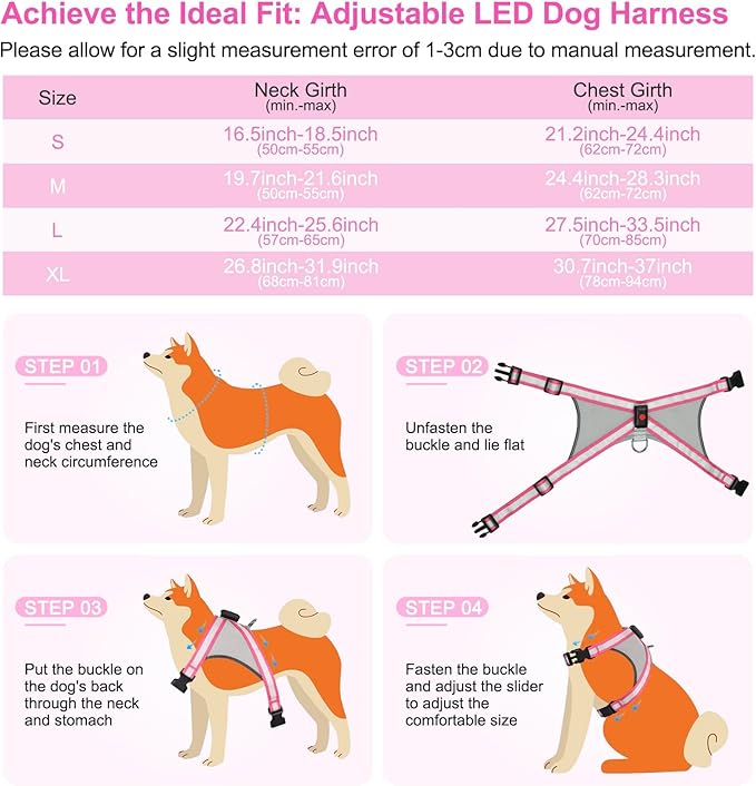 Visinite LED Dog Harness, USB Rechargeable Light Up Dog Vest, 2 Illuminate Modes Glow in The Dark